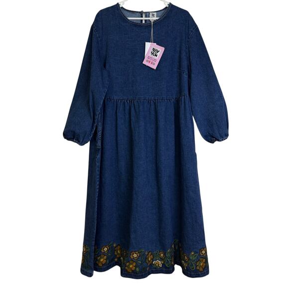 Lucy & Yak Maeve Dress Womens Size 14 Blue Denim Floral Embroidered Boho Long - Picture 1 of 11